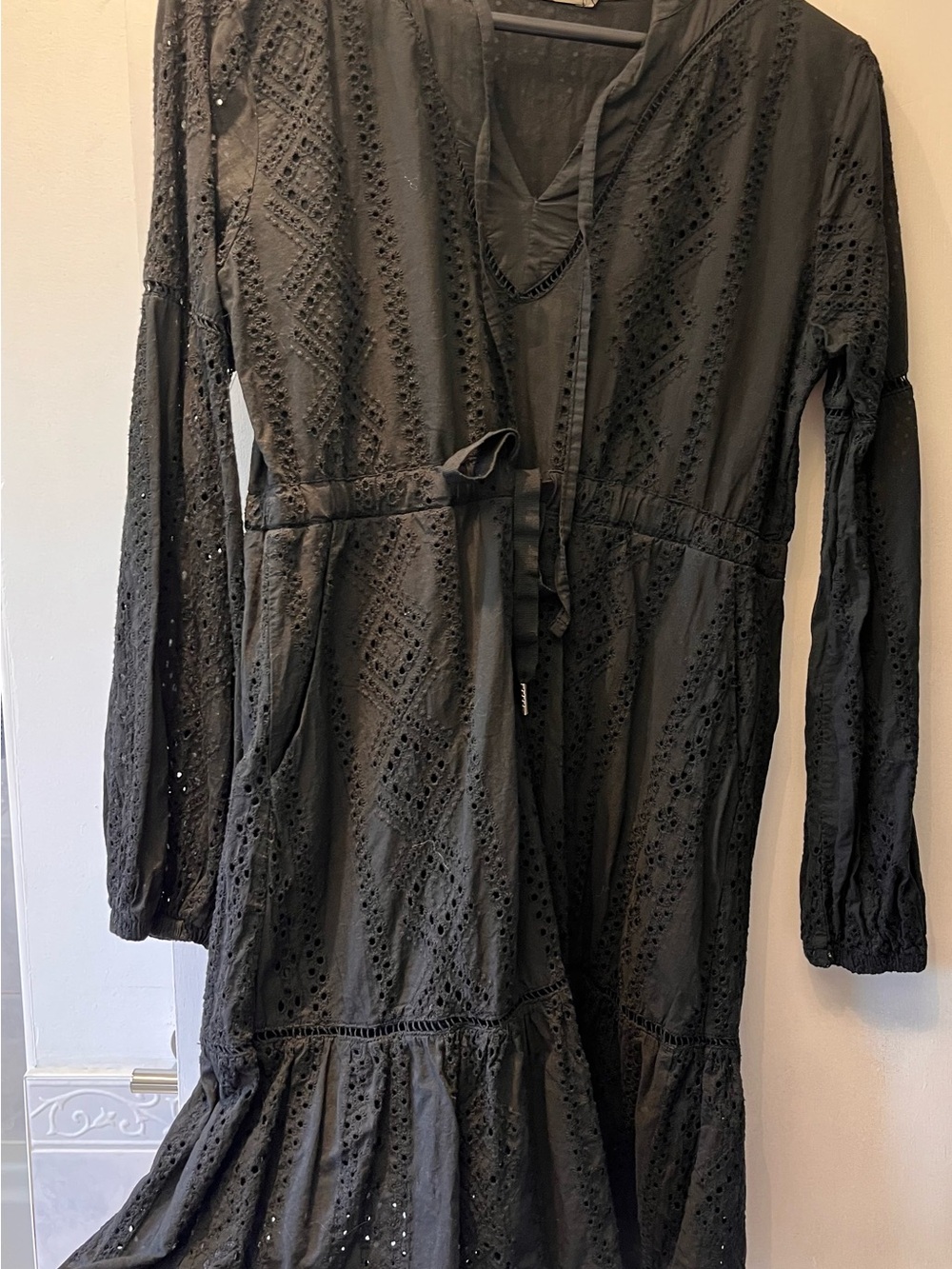 Italian cotton Black Eyelet Mini Dress with Tie Waist